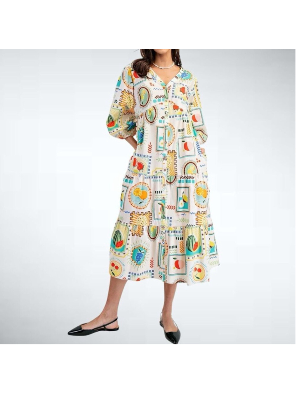 Size S Easel Los Angeles Party Fruit Print Cotton Tiered Midi Dress